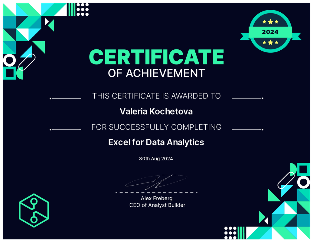 Valeria Kochetova - Excel for Data Analytics Certificate