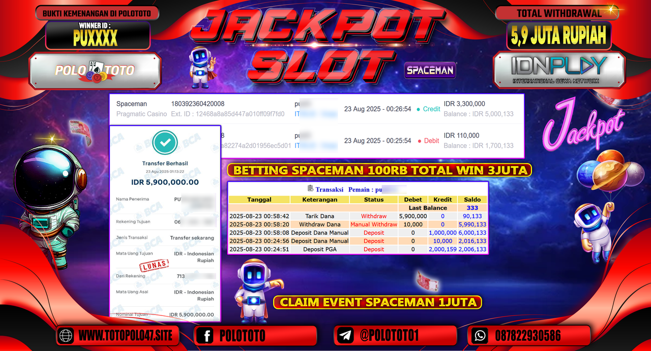 POLOTOTO JACKPOT SLOT SPACEMAN Rp.5.900.000,-