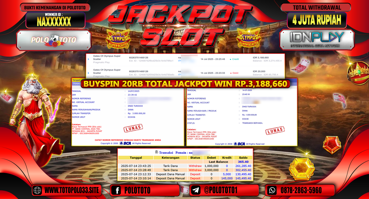 POLOTOTO JACKPOT SLOT GATES OF OLYMPUS SUPER SCATTER Rp.4.000.000,-