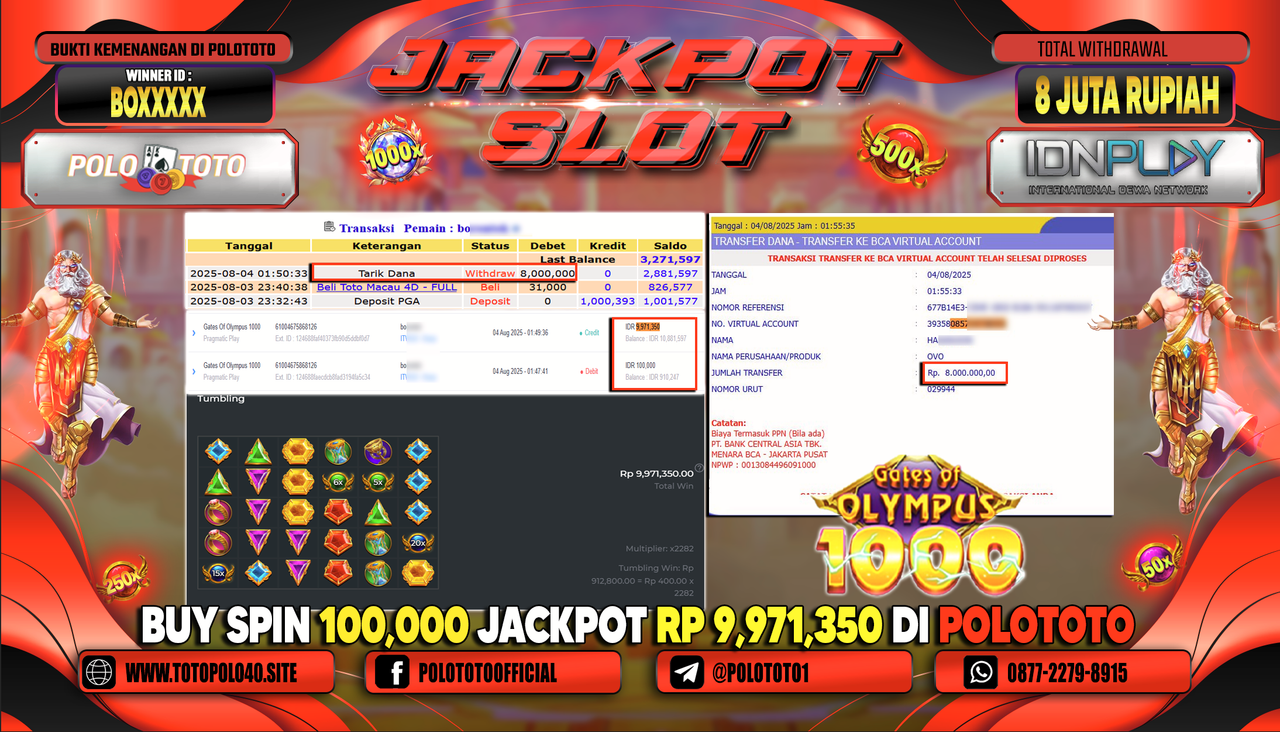 POLOTOTO JACKPOT SLOT GATES OF OLYMPUS 1000 Rp.8.000.000,-LUNAS