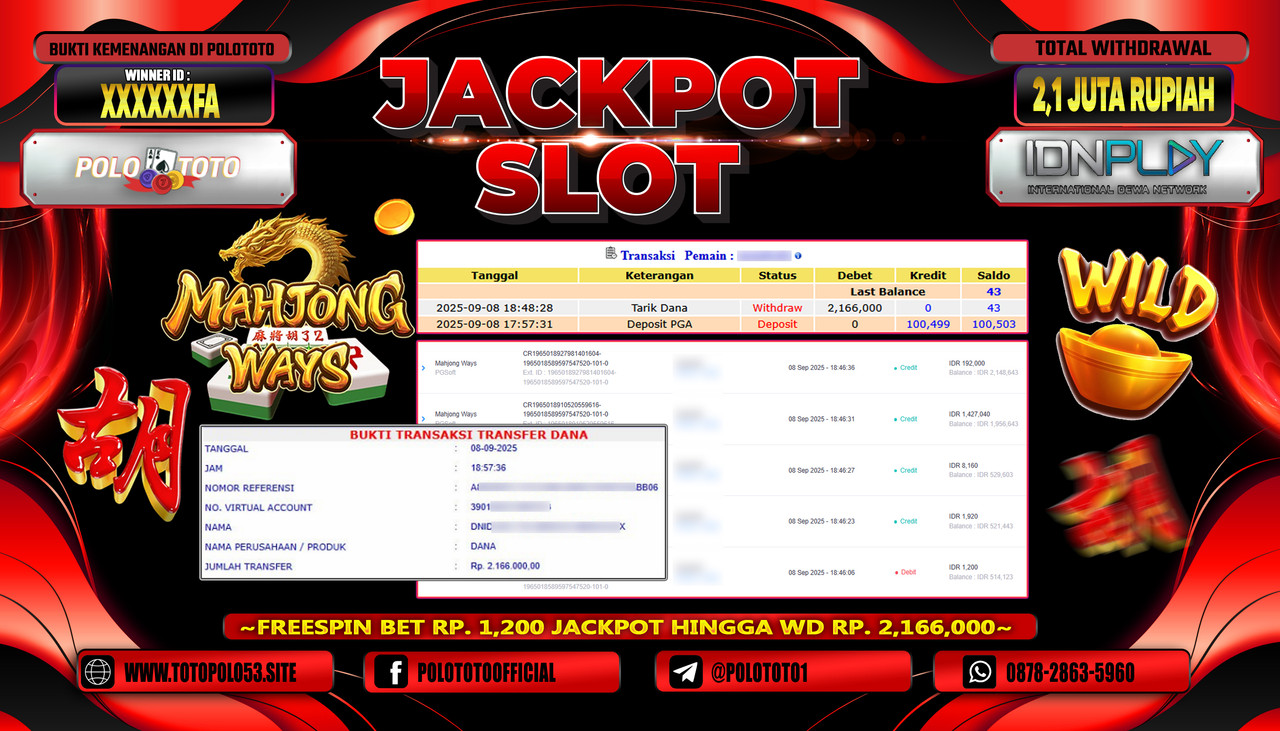 POLOTOTO JACKPOT SLOT MAHJONG WAYS Rp.2.000.000,- LUNAS