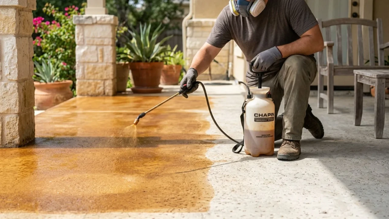 Applying water-based concrete stain with sprayer on a San Antonio patio