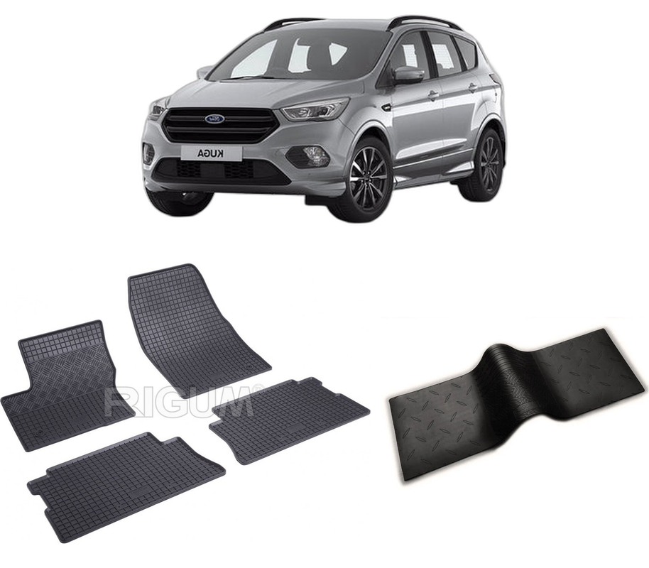 Set covorase auto FORD KUGA II din 02.2013-03.2020, cu covoras tunel median, CAROSERIE SUV, Presuri cauciuc 100%, compatibil cu autoturismul FORD KUGA II, Rigum