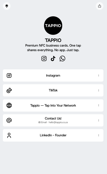 Tappio profile — what the recipient sees when they tap your NFC business card