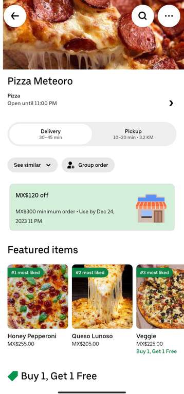 Uber Eats: Pizza Meteoro (CDMX) (Uber One) | Promoción pizza al 2x1 + Cupón $120 de descuento en compra mínima de $300 
