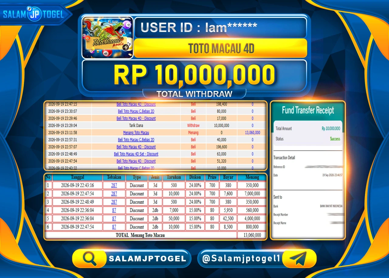SALAMJPTOGEL JACKPOT MENANG TOGEL TOTO MACAU 4D Rp.10,000,000 - LUNAS