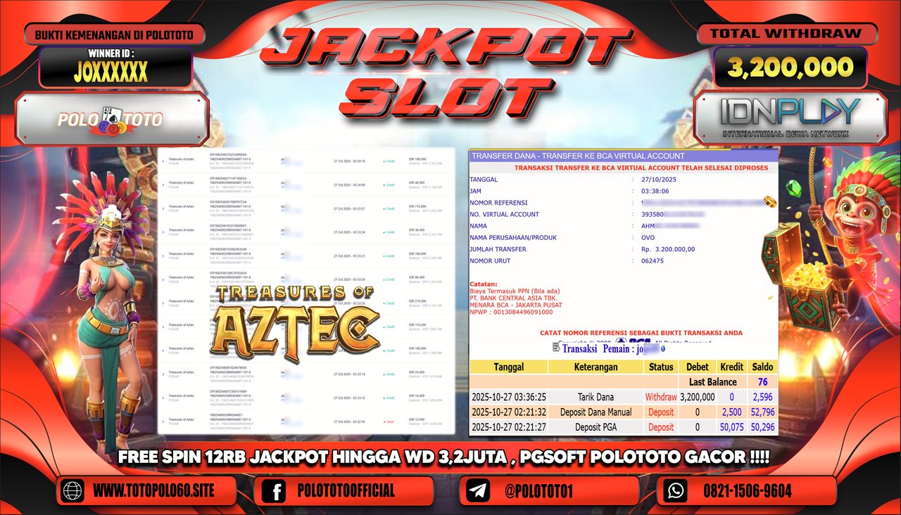 POLOTOTO JACKPOT SLOT TREASURES OF AZTEC Rp.3.200.000,- LUNAS