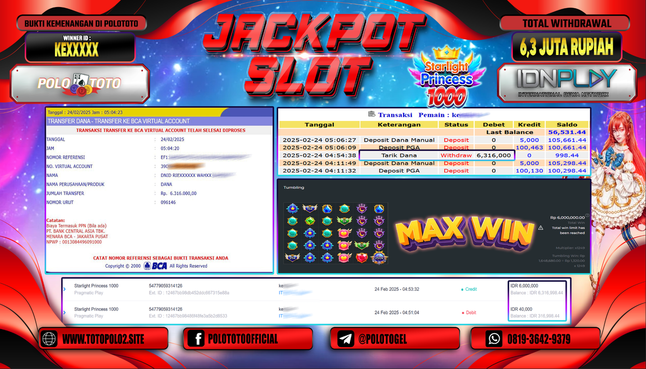 POLOTOTO JACKPOT SLOT STARLIGHT PRINCESS Rp.6.300.000,- LUNAS