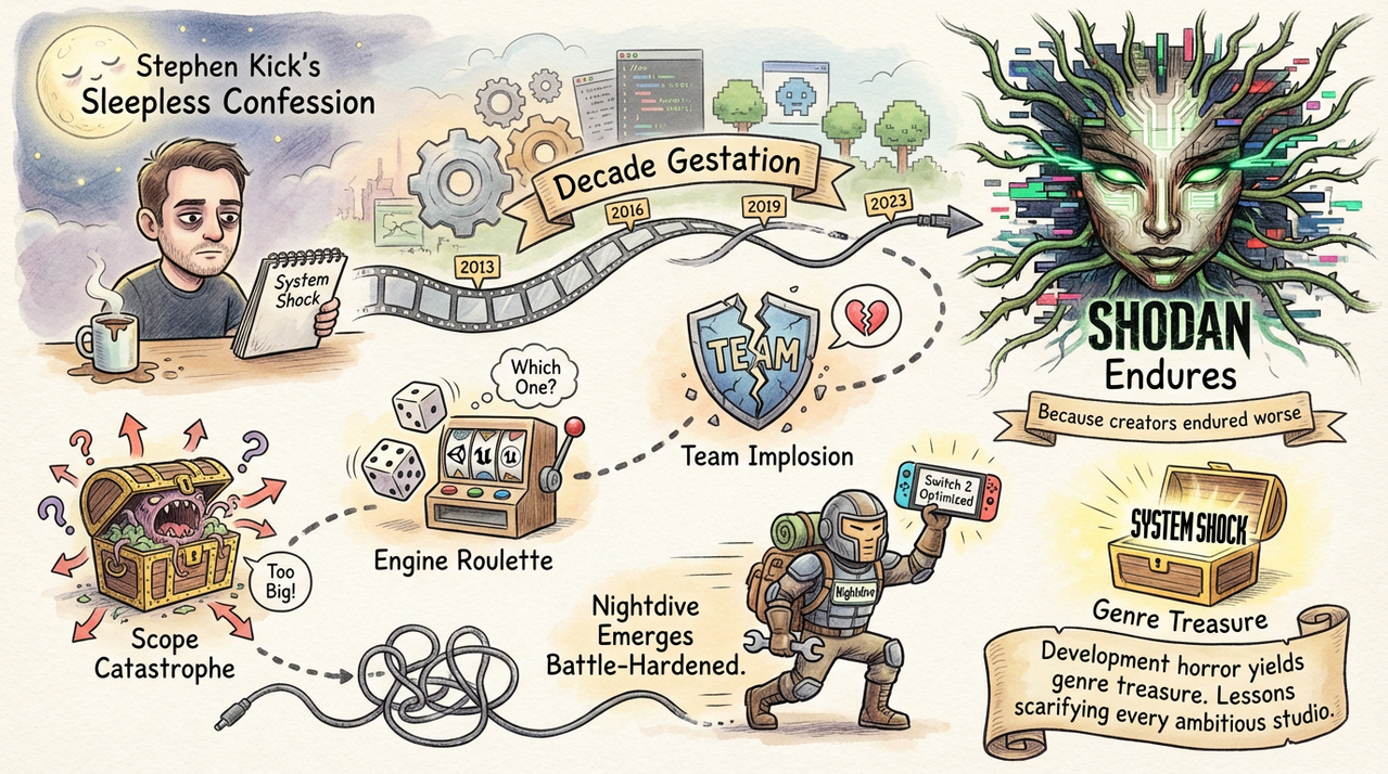 System Shock Remake Lead's Sleepless Nights - Nightdive's Decade-Long Nightmare Finally Ships 1 Dark cyberpunk space station corridor representing System Shock Citadel Station remake