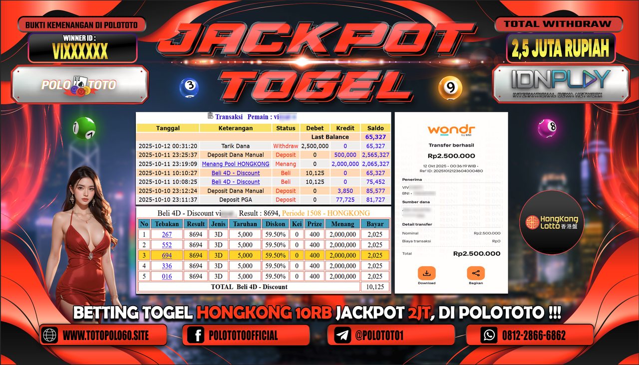 POLOTOTO JACKPOT TOGEL HONGKONG LOTTO Rp.2.500.000,- LUNAS