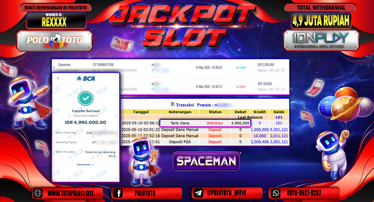 POLOTOTO JACKPOT SLOT SPACEMAN Rp.4.990.000,-
