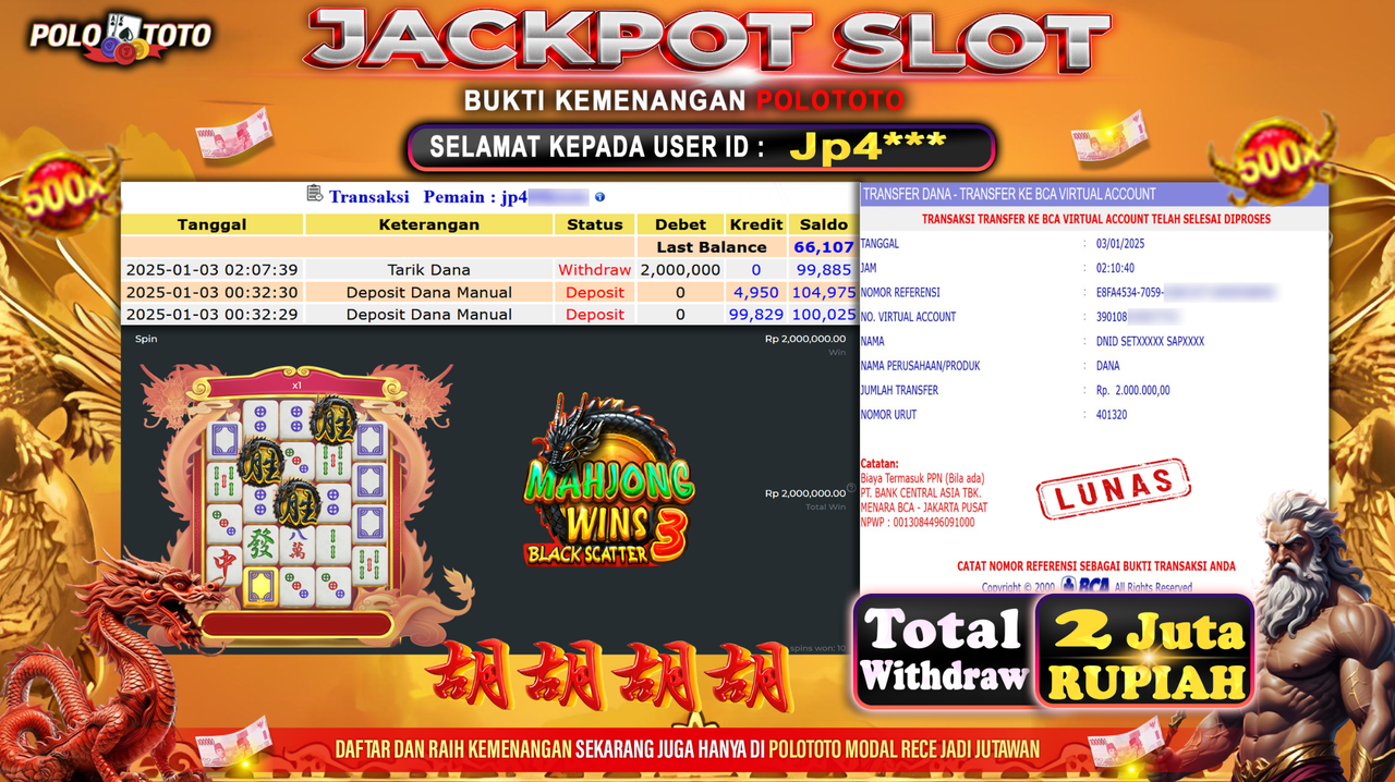 POLOTOTO JACKPOT SLOT MAHJONG WINS BLACK SCATTER 3 Rp.2,000.000,-