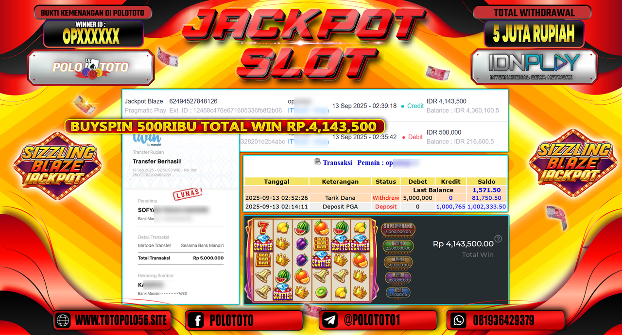 POLOTOTO JACKPOT SLOT JACKPOT BLAZE Rp.5.000.000,-