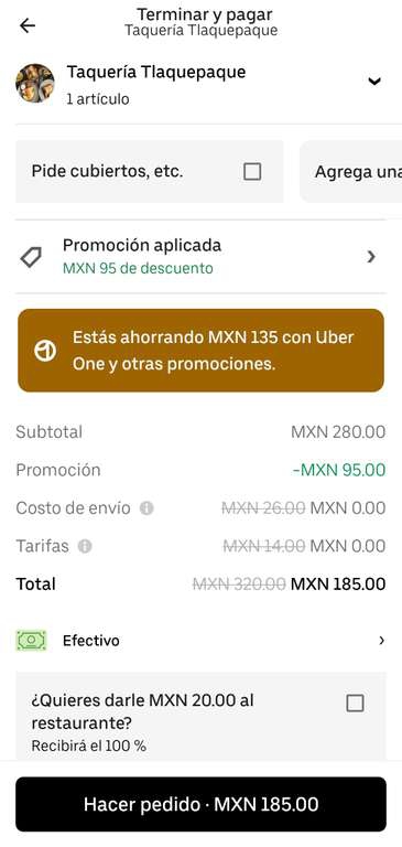 Uber Eats: Descuento de $95 en Taqueria tlaquepaque (Puebla), sólo Uber One 
