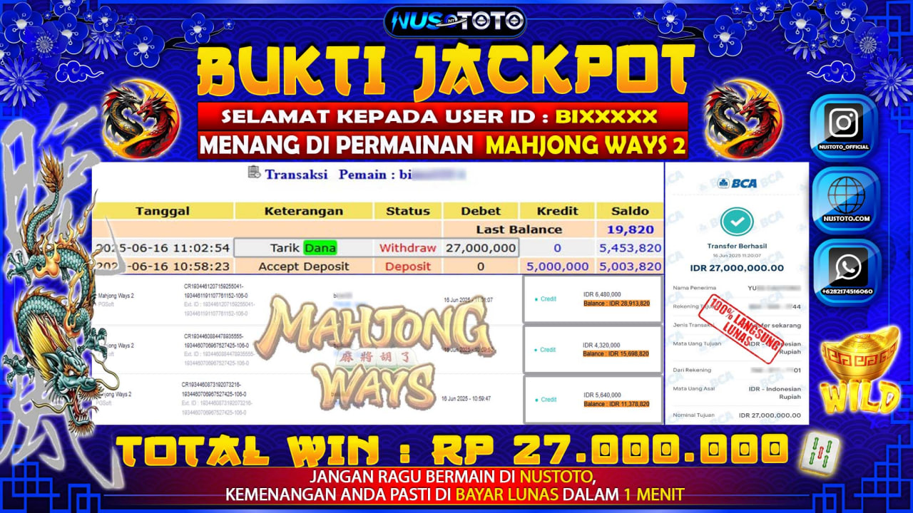 JACKPOT !! MENANG BESAR DI SLOT MAHJONG WAYS 2 Rp. 27.000.000 LANGSUNG DI BAYAR LUNAS NUSTOTO !!