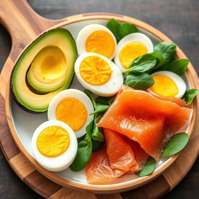 A colorful keto breakfast plate featuring sliced avocado, boiled eggs, smoked salmon, and fresh spinach arranged beautifully on a wooden board