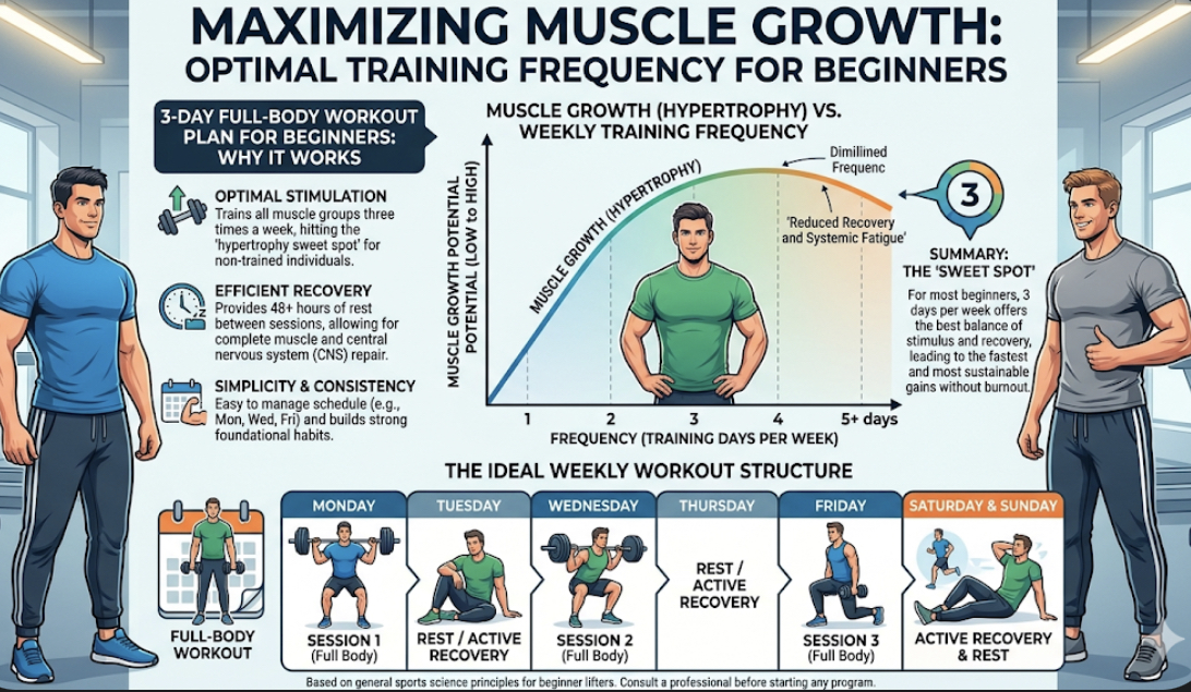 Chart showing muscle growth by training frequency, explaining 3 day workout plan beginner effectiveness and beginner workout routine gym