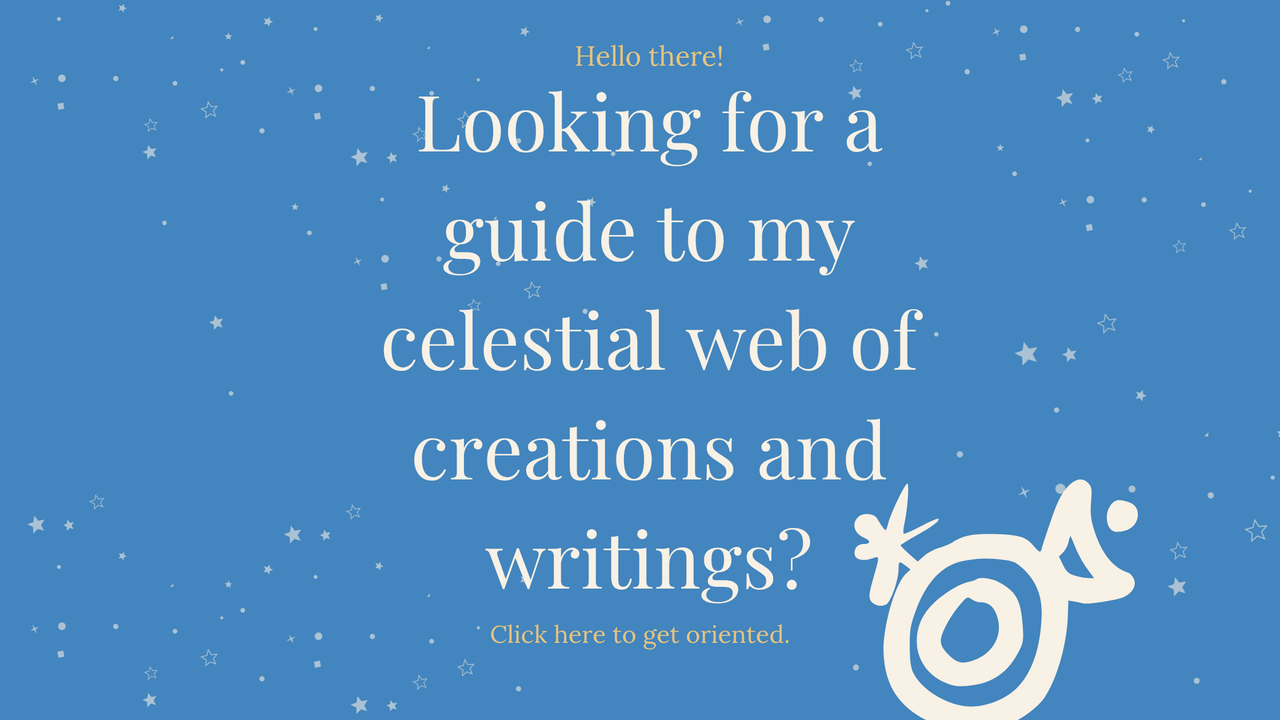 Blue background with dusty white star pattern and hand drawn white symbol. Click here for a guide to my celestial web of creations and writings by Arcadia Page.