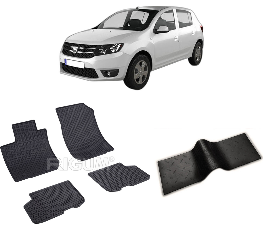 Set covorase auto DACIA SANDERO II din 12.2012-12.2020, cu covoras tunel median, CAROSERIE HATCHBACK, Presuri cauciuc 100%, compatibil cu autoturismul DACIA SANDERO II, Rigum