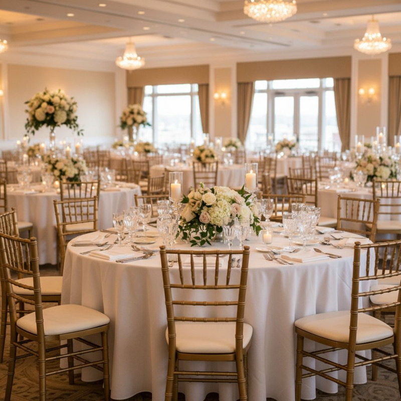 Элегантные банкетные стулья Кьявари в интерьере праздничного зала с сервировкой столов, подчеркивающие стиль и комфорт мероприятия.