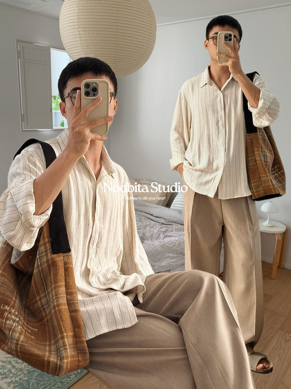 Sơ mi tay dài linen kẻ sọc mềm rủ 8446
