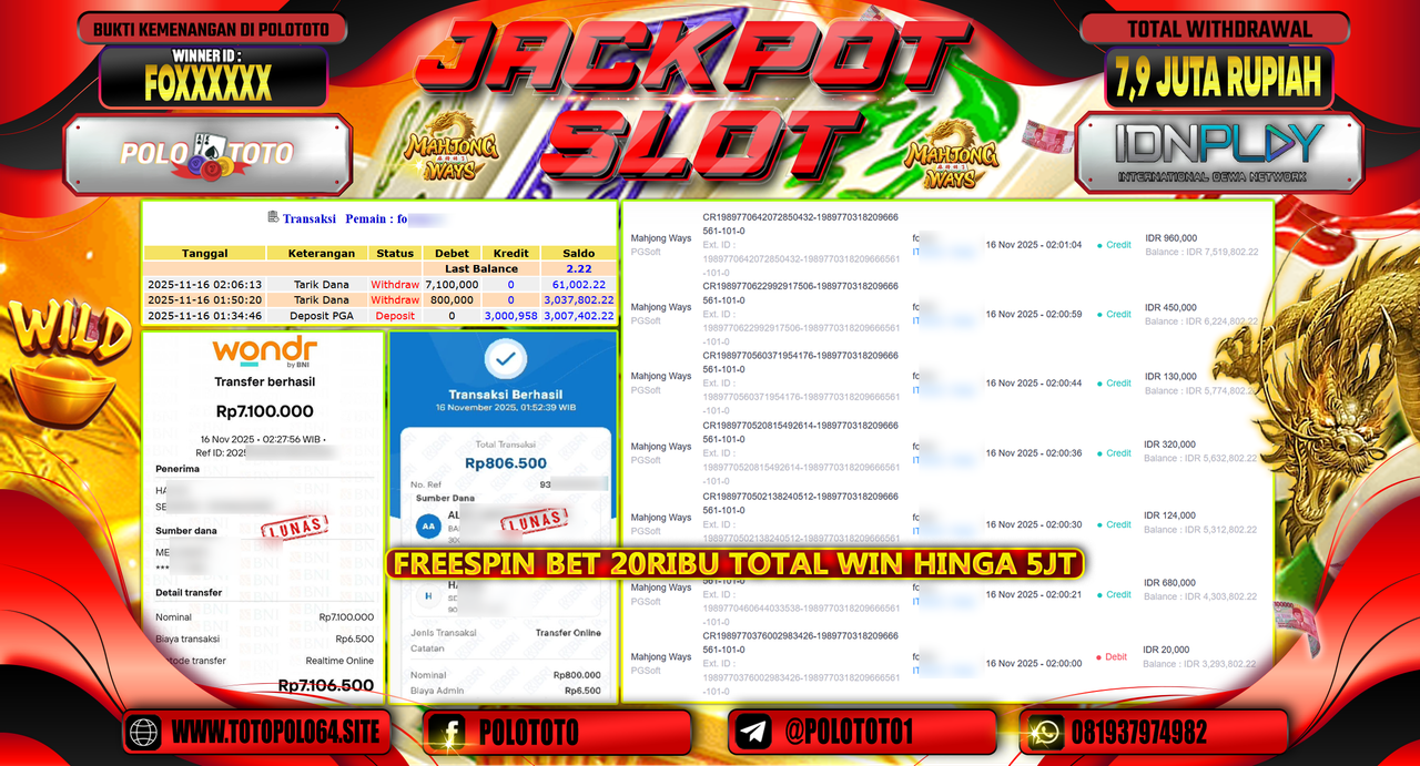 POLOTOTO JACKPOT SLOT MAHJONG WAYS Rp.7.900.000,- LUNAS