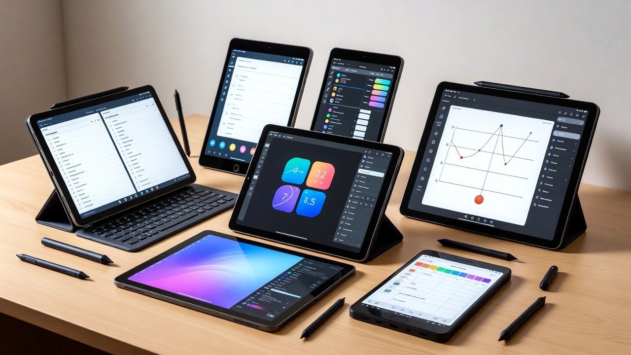 Selection of the best drawing tablets laid out on a desk including iPads and Android devices