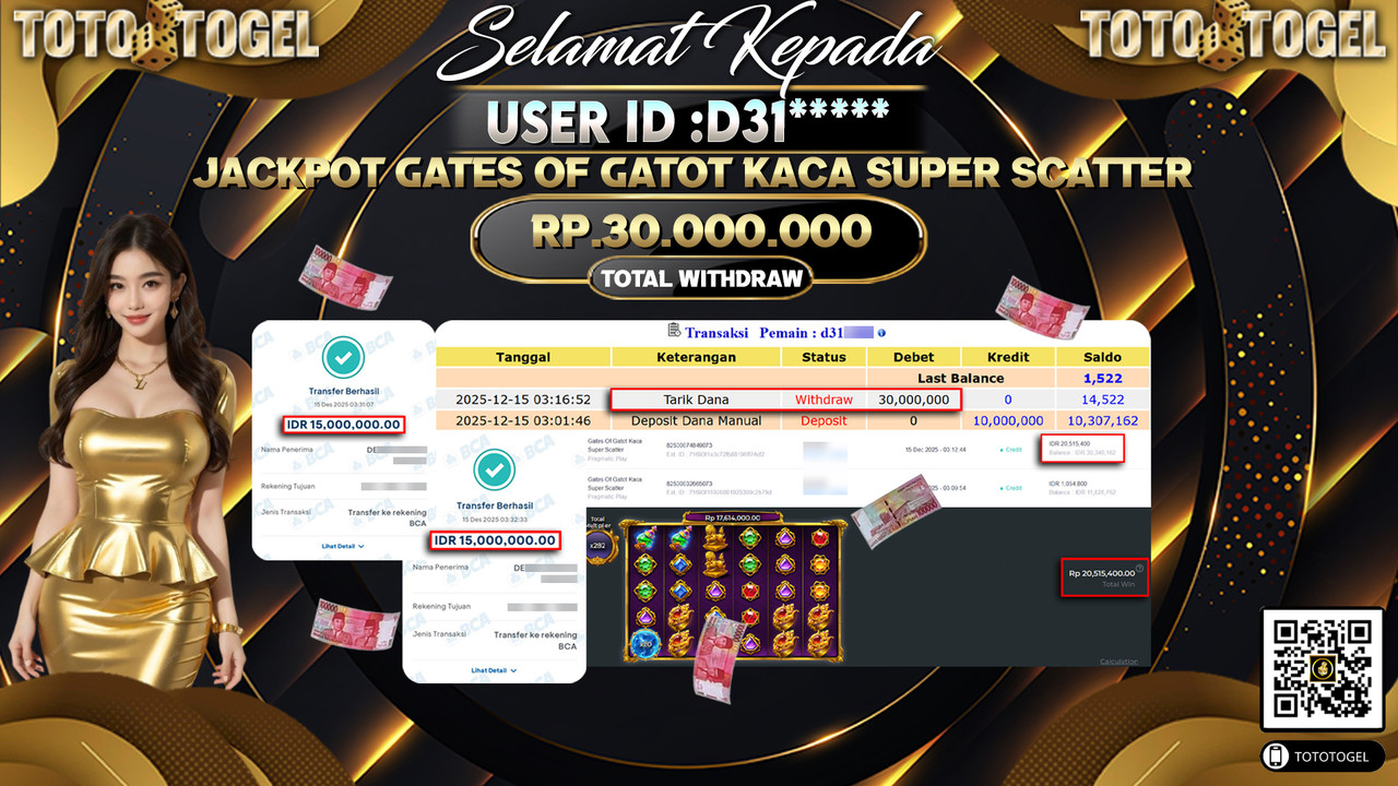 Bukti Pembayaran Jackpot Permainan Slot Gates Of Gatot Kaca Super Scatter ID:D31***** LUNAS