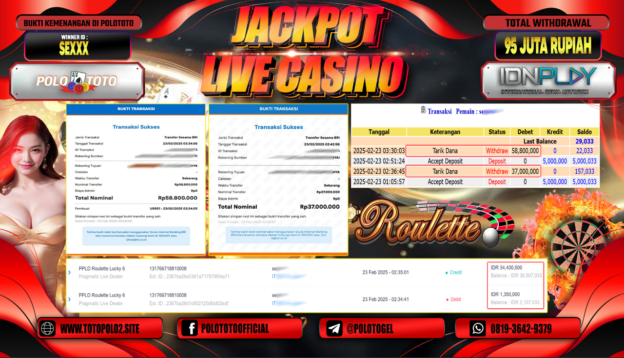 POLOTOTO JACKPOT LIVE CASINO PPLD ROULETTE LUCKY 6 Rp.95.000.000,-