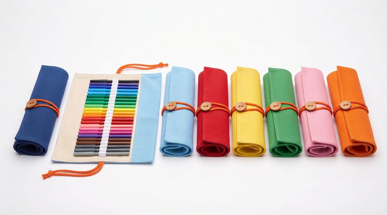 A child carrying the stylish roll-up marker pouch featuring individual marker slots and colorful strap design A child carrying the stylish roll-up marker pouch featuring individual marker slots and colorful strap design