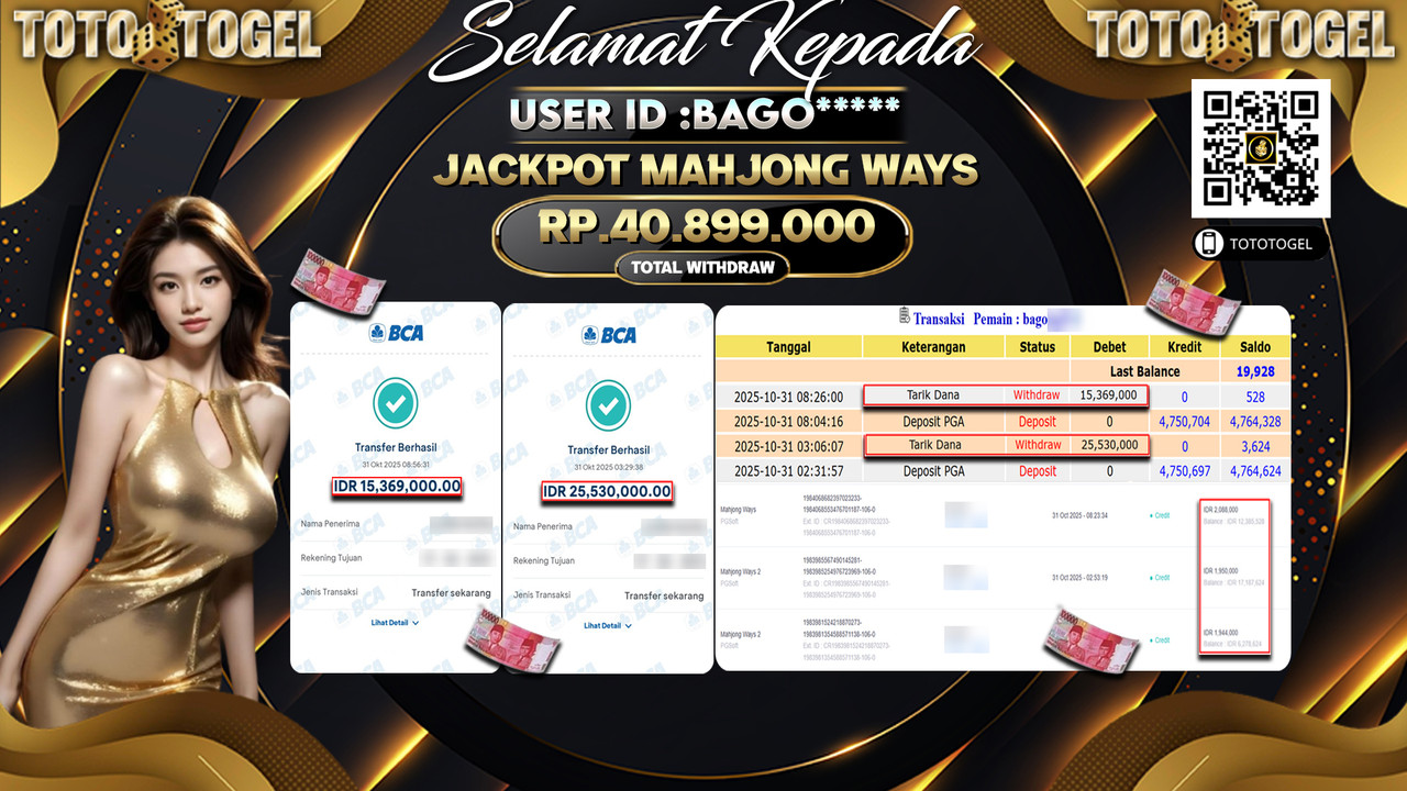 Bukti Pembayaran Jackpot Permainan Slot Mahjong Ways ID:BAGO**** LUNAS