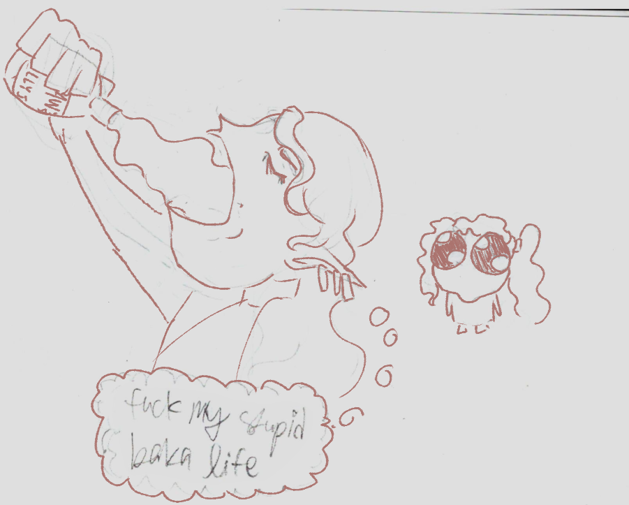 Crude pencil-with-digital-traceover drawing of an Aasimar man drinking from a vaguely labelled jug of alcohol and thinking 'fuck my stupid baka life'. In the background is the same drawing of the girl from the above picture, sans colour.
