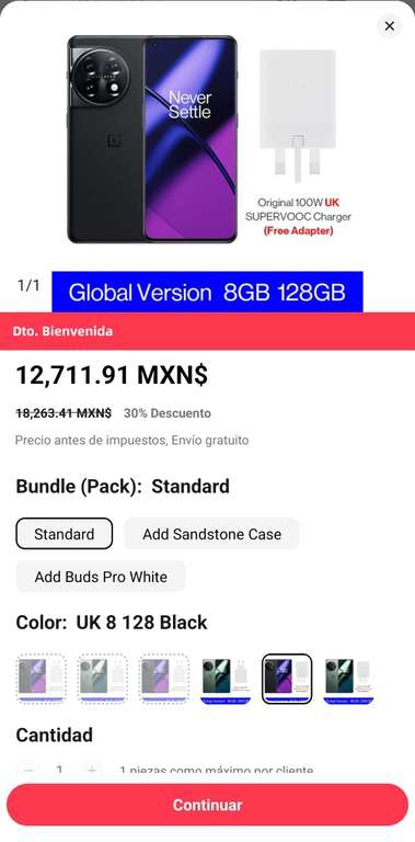 AliExpress: ONEPLUS 11 5G ( 8GB/128GB ) versión global 
