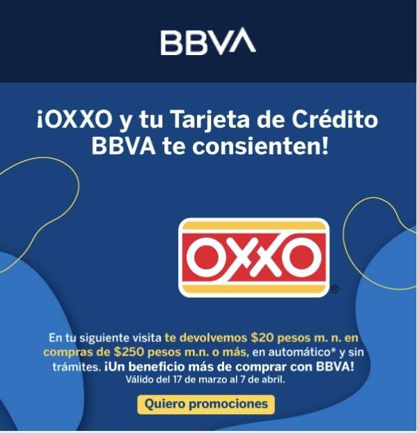 Oxxo: Descuento 20$ en compras de $250 con BBVA TDC 
