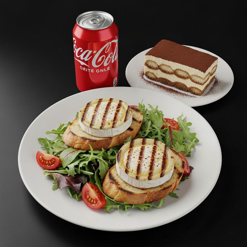 Ensalada de cabra + Refresco + Tiramisú
