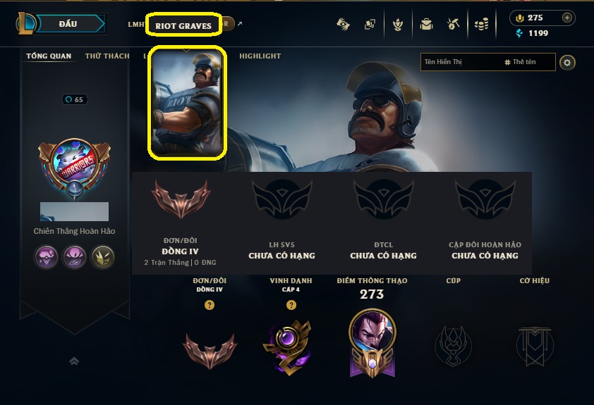 Acc LMHT #RIOT GRAVES - Khung Đồng