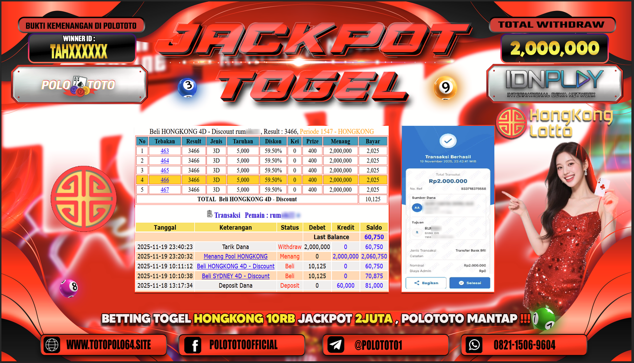 POLOTOTO JACKPOT TOGEL MENANG HONGKONG LOTTO Rp.2.000.000,- LUNAS