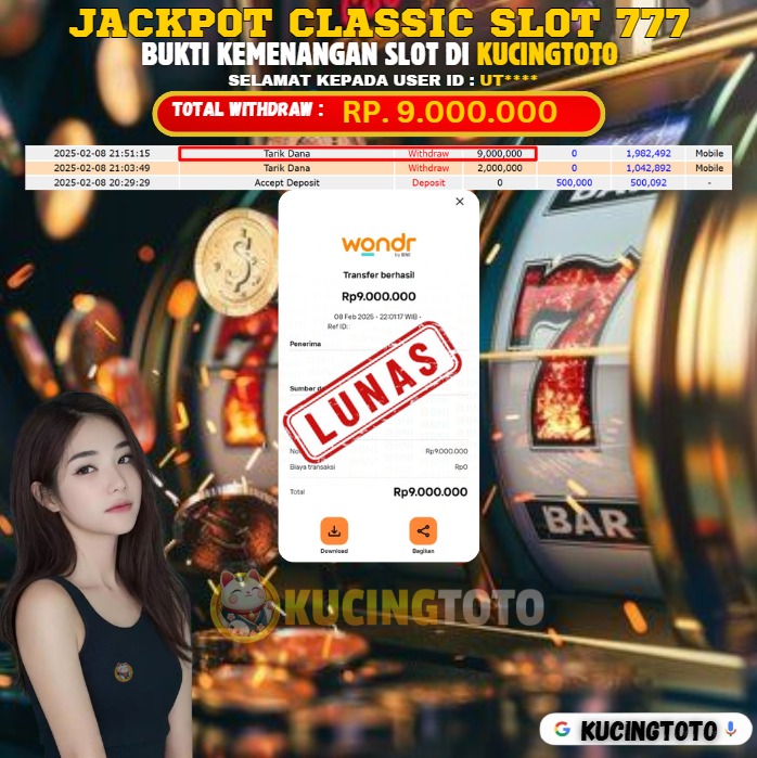 KUCINGTOTO JACKPOT SLOT CLASSIC SLOT 777 RP.9.000.000.,- LUNAS