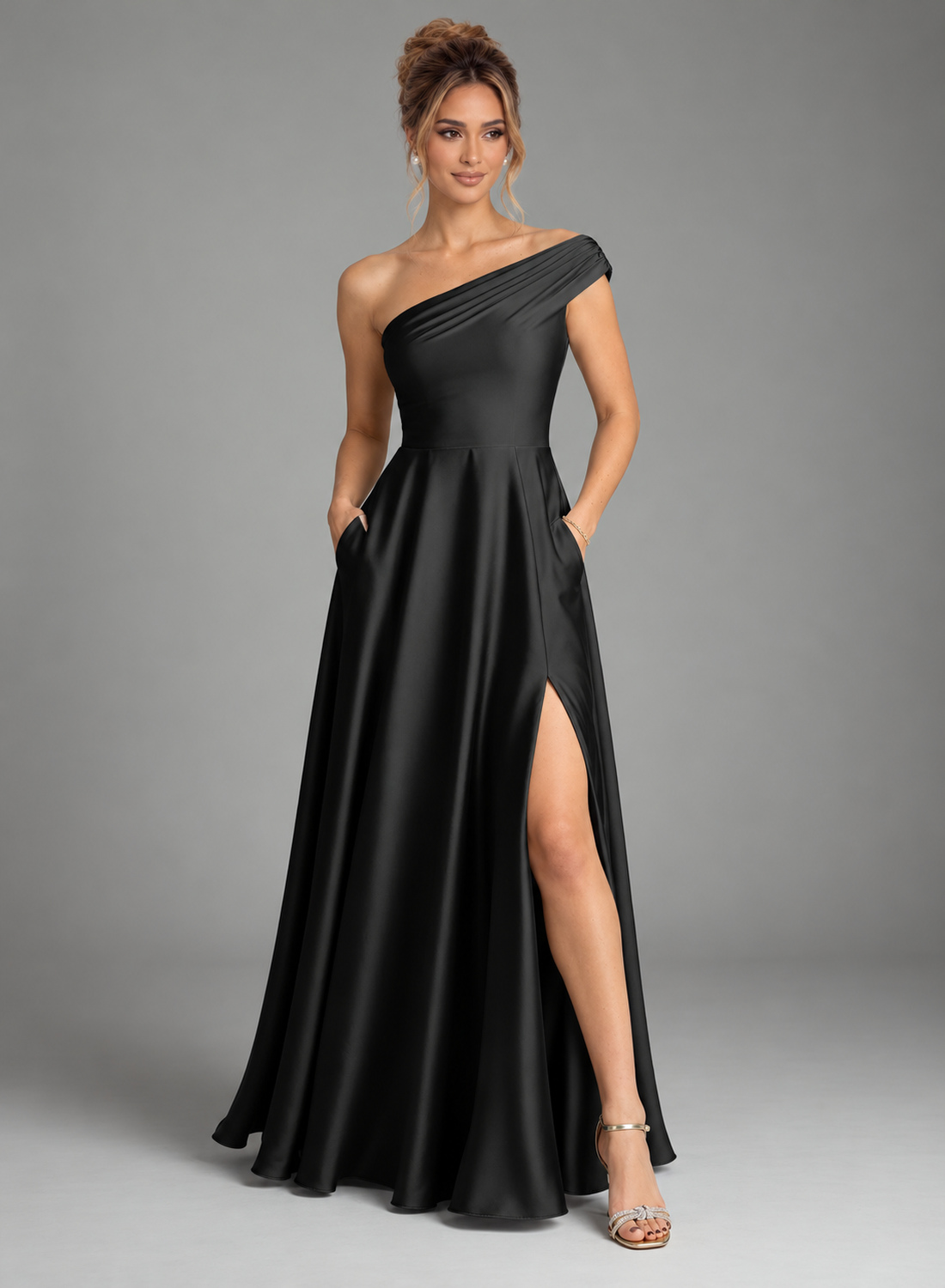A-Line Satin One-Shoulder Pleated Bridesmaid Dress with Slit, Pockets and Concealed Zipper