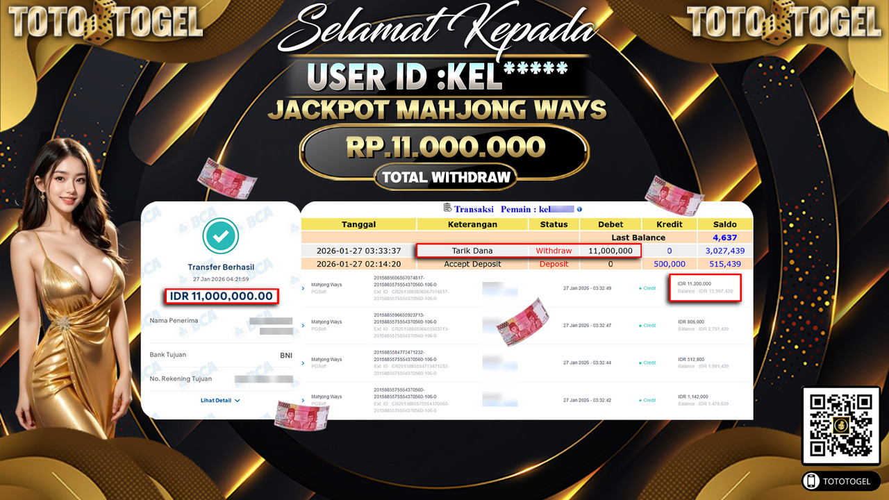 Bukti Pembayaran Jackpot Permainan Slot Mahjong Ways ID:KEL*****LUNAS