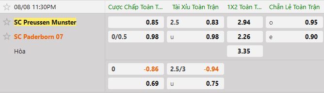 Soi kèo tài xỉu cả trận Preussen Munster vs Paderborn