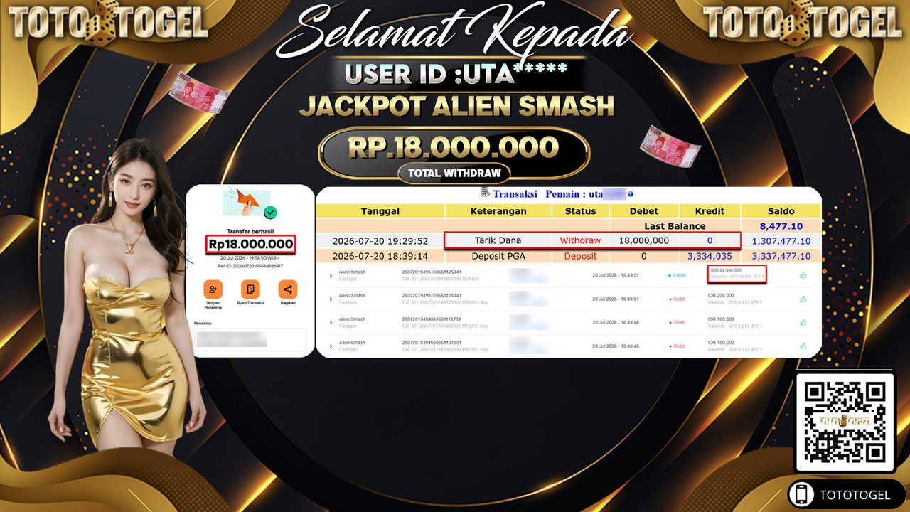 Bukti Pembayaran Jackpot SLOT ALIEN SMASH ID:UTA****LUNAS