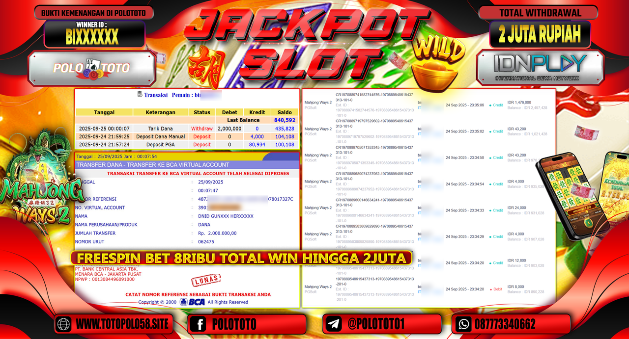 POLOTOTO JACKPOT SLOT MAHJONG WAYS 2 Rp.2.000.000,- LUNAS