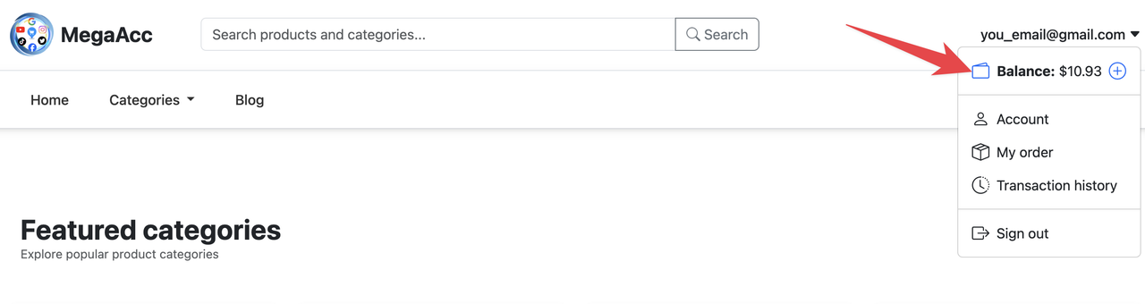 Top-up navigation from header menu - Access balance and payment options from your account dropdown