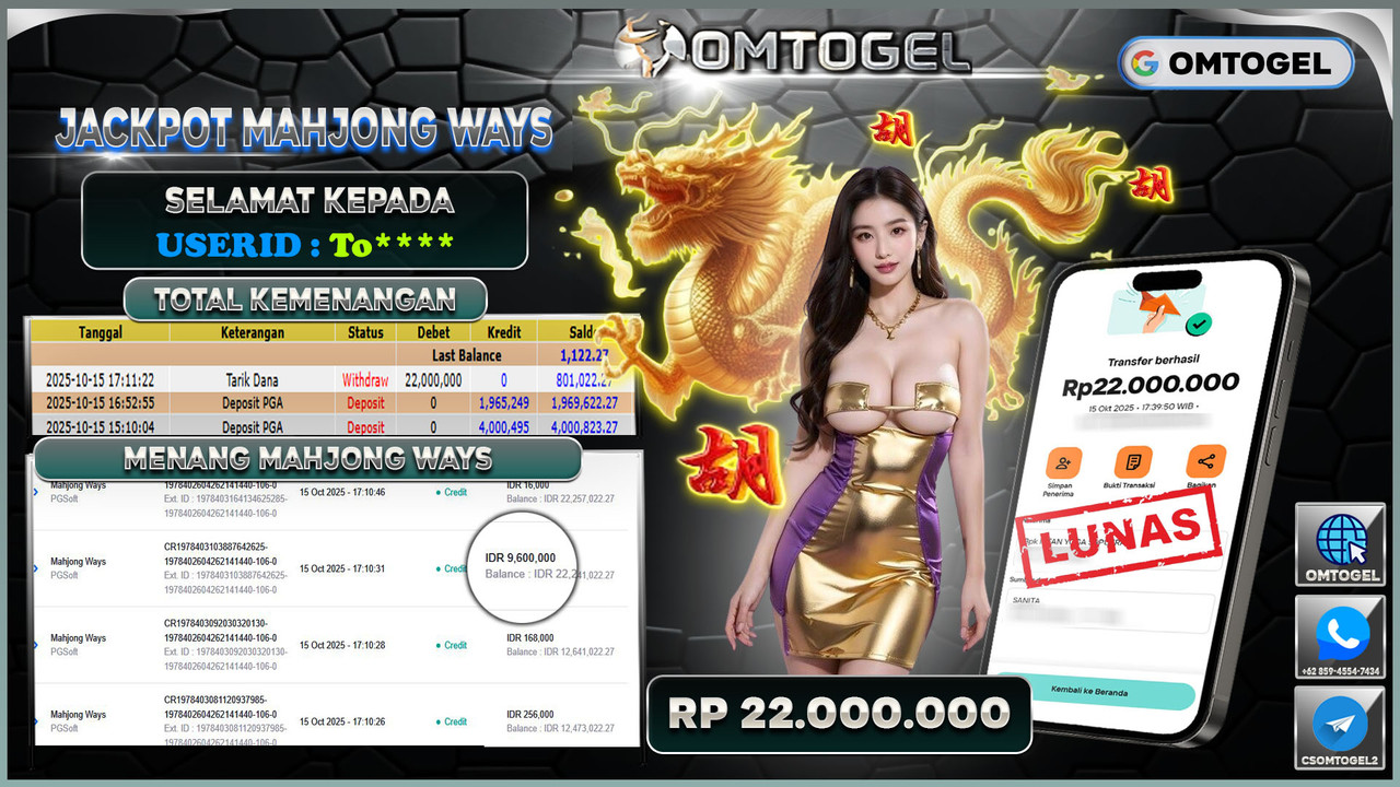 OMTOGEL JACKPOT PGSOFT MAHJONG WAYS 22 JUTA DI BAYAR LUNAS ,-