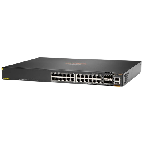 Cenário de rede com vários dispositivos conectados a um Switch Aruba CX 6200F, destacando a alimentação PoE.