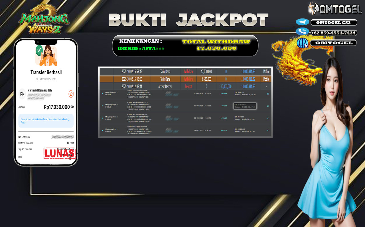 OMTOGEL JACKPOT PGSOFT MAHJONG WAYS 2 17 JUTA DI BAYAR LUNAS ,-