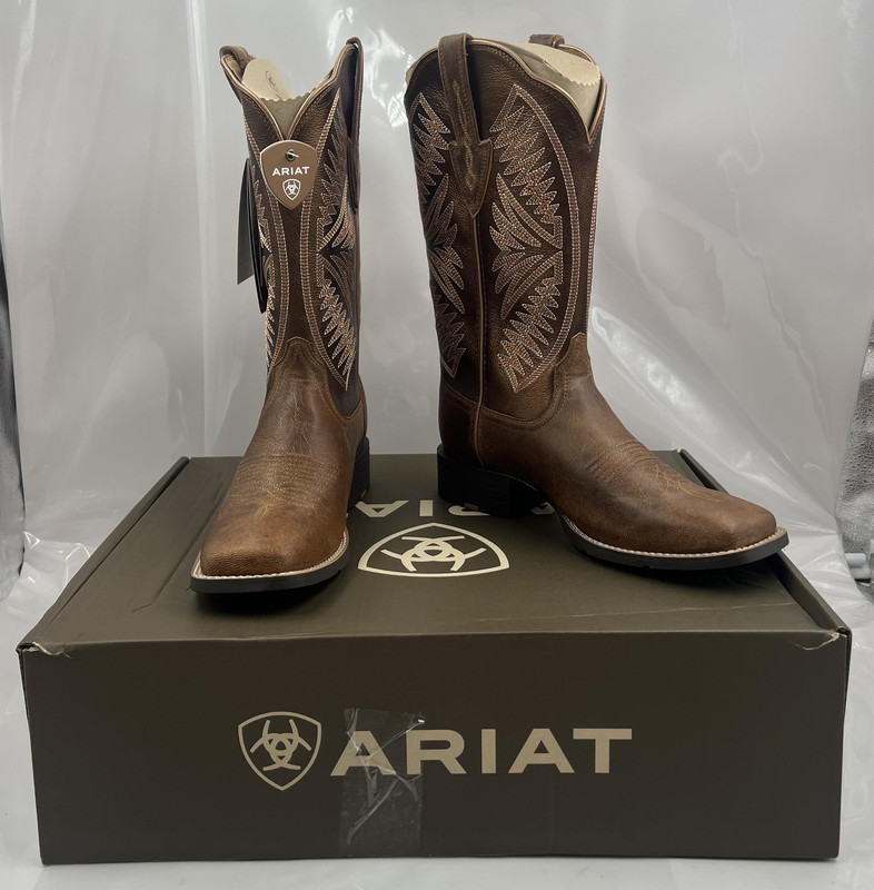 ARIAT WMNS ROUND UP RUIDOSO WESTERN BOOTS 10051066 SQR TOE SZ 10 PEARL/CHESTNUT