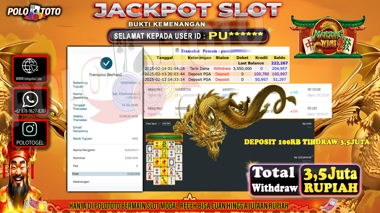 POLOTOTO JACKPOT SLOT MAHJONG WINS Rp.3.550.000,-