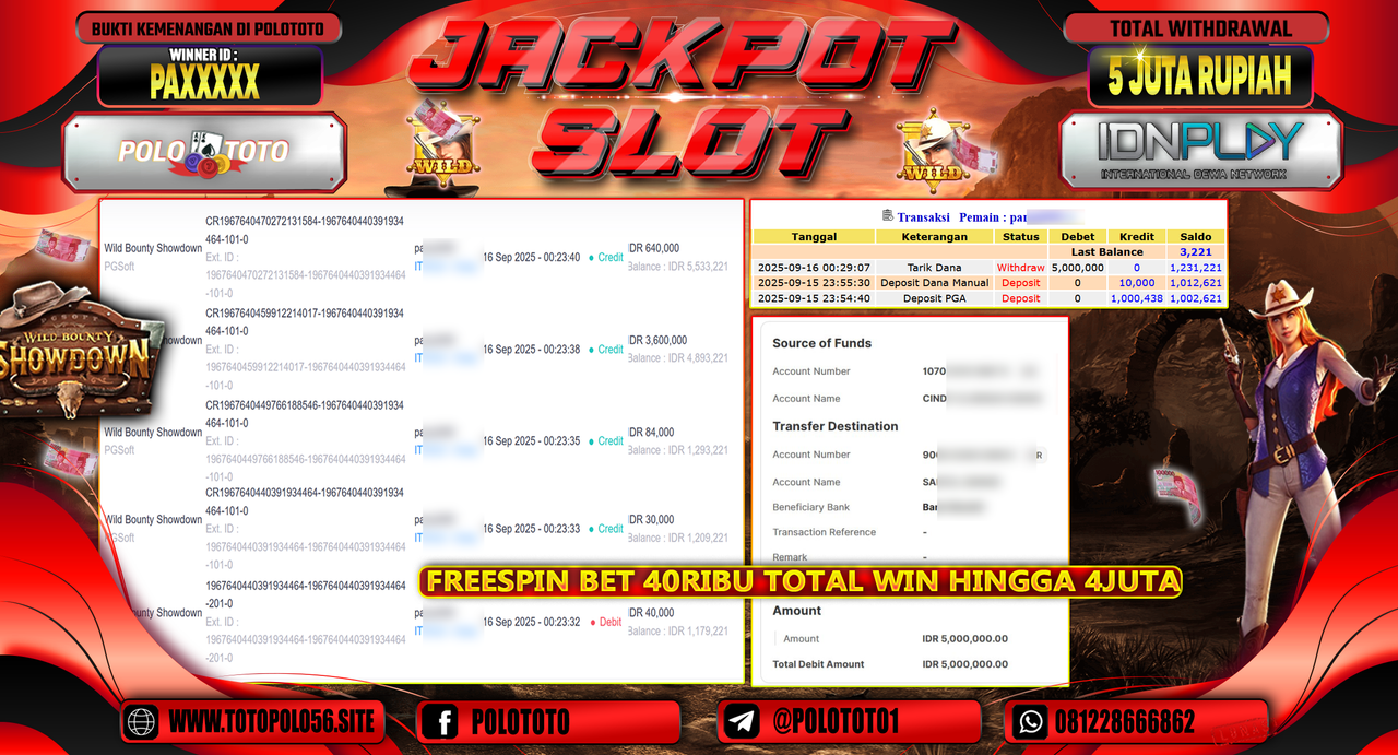 POLOTOTO JACKPOT SLOT WILD BOUNTY SHOWDOWN Rp.5.000.000,-